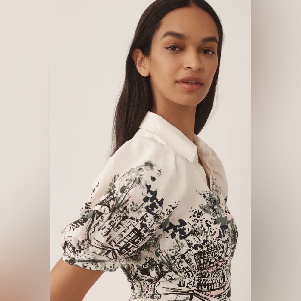 Anthropologie Linen Short-Sleeve Collared Mini Shirt Dress - Picture 4 of 4